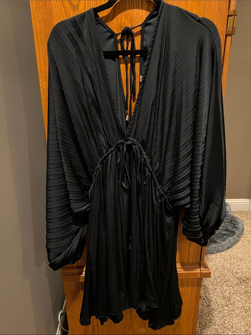 Free People Black Pleated Mini Dress with Tie Detail
